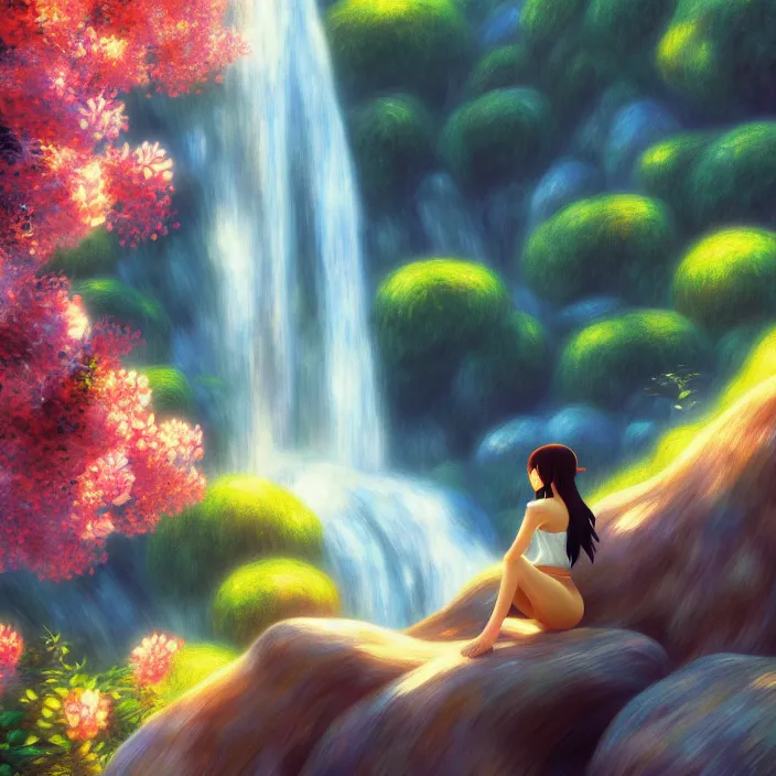 Image similar to an epic makoto shinkai and renoir surreal landscape of a woman's long brown hair and a waterfall, 🌺, golden hour, ultra smooth, lois van baarle, ilya kuvshinov, unreal engine, blender, trending on artstation, suntur, caleb worcester, highly detailed, photorealism, bloom effect 8 k