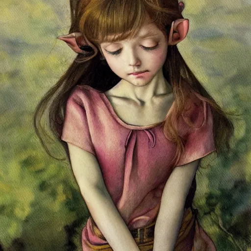 Image similar to little elf, purple tunic, soft hair. light color palate, detailed soft painting, ayami kojima, anatomically correct, inspired in balthus