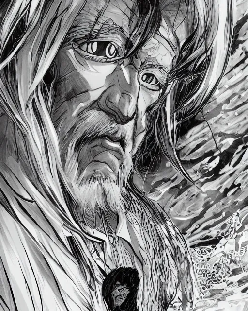 Image similar to An old man looking at a mirror, black and white, fantasy art, in the style of masami kurumada, illustration, epic, fantasy, intricate, hyper detailed, artstation, concept art, smooth, sharp focus, ray tracing