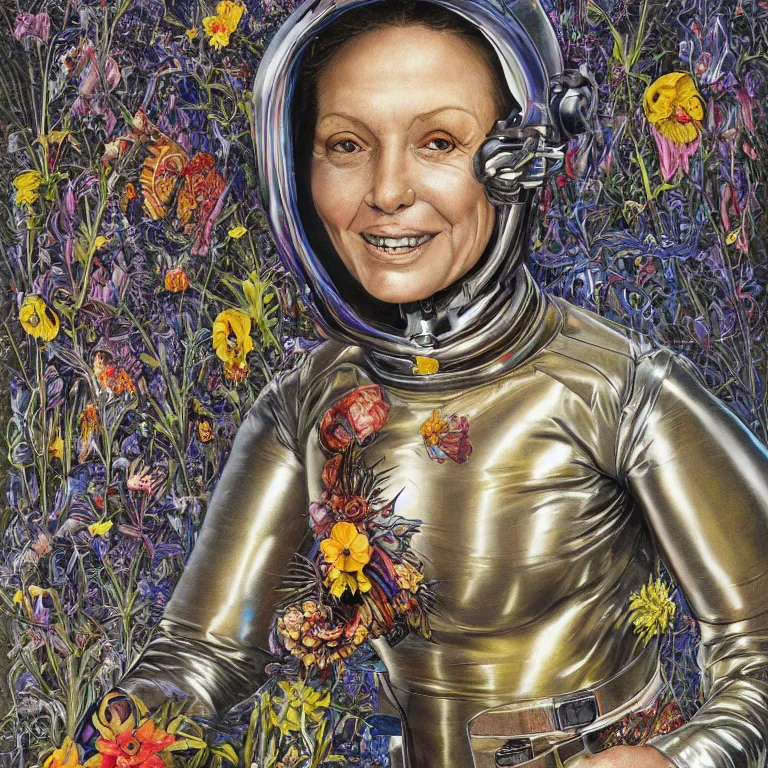 Image similar to portrait painting by wayne barlow and carlo crivelli and glenn fabry, a woman in a skintight silver shining spacesuit with colorful iridescent detailing, covered in bright colorful alien flora and fauna