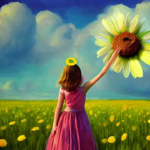 Image similar to giant daisy flower head, portrait of girl in flower field, holding daisy, surreal photography, sunrise, impressionist painting, colorful clouds, digital painting, artstation, simon stalenhag, flower face