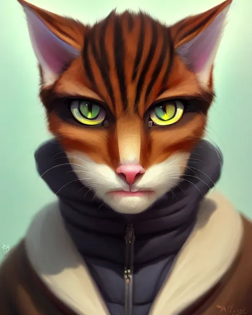 Image similar to character concept art of a young male anthropomorphic furry cat | | cute - fine - face, pretty face, key visual, realistic shaded perfect face, fine details by stanley artgerm lau, wlop, rossdraws, james jean, andrei riabovitchev, marc simonetti, and sakimichan, trending on artstation