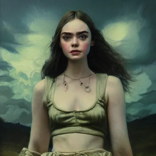 Image similar to ultra realistic portrait painting of elle fanning, lily collins, kim wexler, as an outlaw, art by frank frazetta, vintage levi's ad, stormy weather, dark vibes, 4 k, ultra realistic, highly detailed, epic lighting