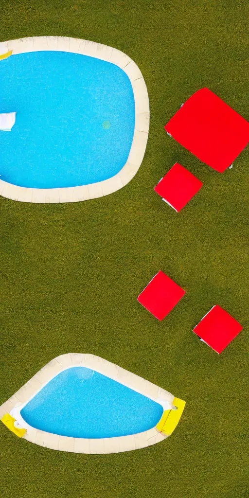 Prompt: two yellow beach beds and a red life saver next to a pool, yellowish grass, green bushes in the background with white flowers, grainy photograph, diagonal composition, cloudy day, long shot