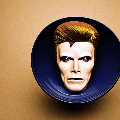 Prompt: close - up promo photo of a cereal bowl shaped as bowie head, space oddity,