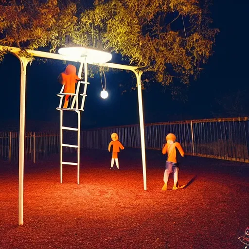 Prompt: a playground at night with only one orange light, creepy, found footage