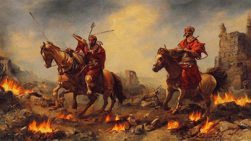 Image similar to nomadic early medieval hunnic khan on horseback surrounded by fires and rubble of roman buildings and mostly destroyed roman buildings, oil painting, cinematic, late antiquity, roman