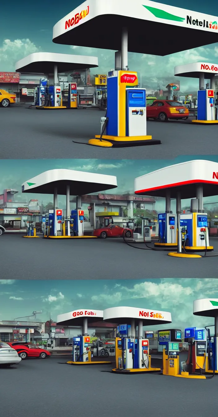 Image similar to realistic photo of no fuel at gas station in future, very sharp focus, very hyper realistic, highly detailed, fantasy art station