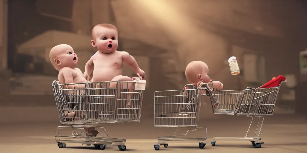 Prompt: beer drinking baby in diapers with a shopping cart, dim volumetric lighting, 8 k octane beautifully detailed render, post - processing, extremely hyper - detailed, intricate, epic composition, cinematic lighting, masterpiece, detailed detailed detailed, masterpiece, stunning art, wonderful masterpiece, beautiful cinematic light