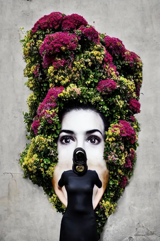 Image similar to a surreal portrait of a woman wearing gas mask melting into a wall of flowers in the style of brooke didonato, editorial fashion photography from vogue magazine, full shot, nikon d 8 1 0, ƒ / 2. 5, focal length : 8 5. 0 mm, exposure time : 1 / 8 0 0, iso : 2 0 0