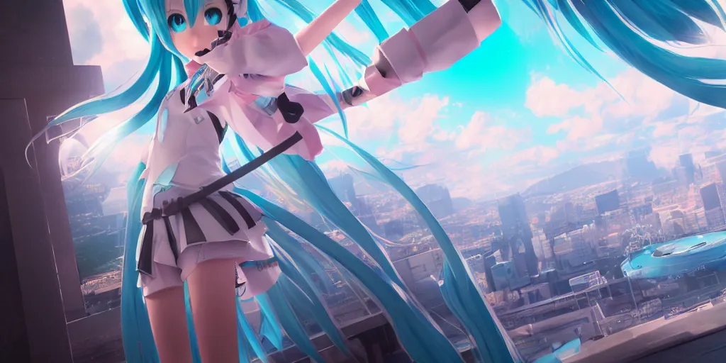 Prompt: hatsune miku, unreal 5, hyperrealistic, realistic, photorealistic, dynamic lighting, highly detailed, cinematic landscape, studio landscape, studio lighting