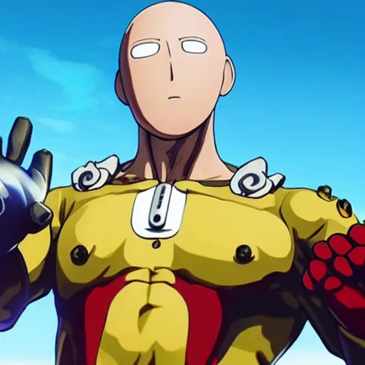 Image similar to one punch man in fortnite, character render, full body shot, highly detailed, in game render