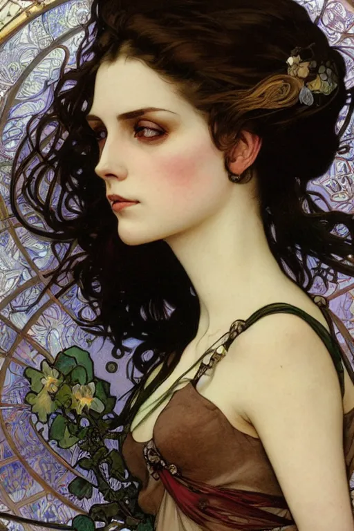 Prompt: realistic detailed face profile portrait of Mia Kirschner by Alphonse Mucha, Ayami Kojima, Amano, Charlie Bowater, Karol Bak, Greg Hildebrandt, Jean Delville, and Mark Brooks, Art Nouveau, Neo-Gothic, gothic, portrait of Mia Kischner, rich deep moody colors