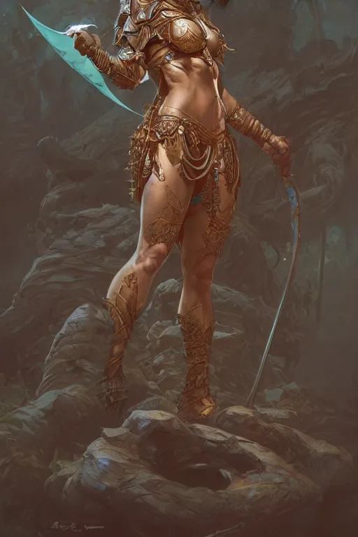 Prompt: a full body amazon warrior, D&D, fantasy, intricate, highly detailed, digital painting, artstation, concept art, smooth, sharp focus, illustration, art by artgerm and greg rutkowski and alphonse mucha