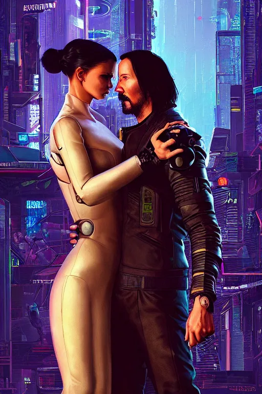 Prompt: a cyberpunk 2077 couple portrait of Keanu Reeves & female android final kiss in the night city,love,by Laurie Greasley,Lawrence Alma-Tadema,Dan Mumford,Andrei Riabovitchev,John Wick,Replicas,artstation,deviantart,FAN ART,Digital painting,face enhance,highly detailed,8K,octane,golden ratio,cinematic lighting