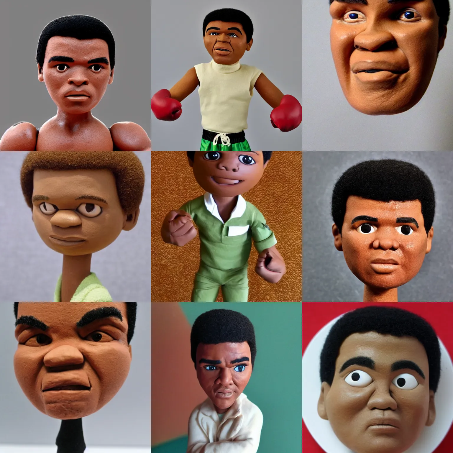 Prompt: real muhammad ali!! clay! close detailed sculpted head , style: claymation puppet kids clay , by guldies