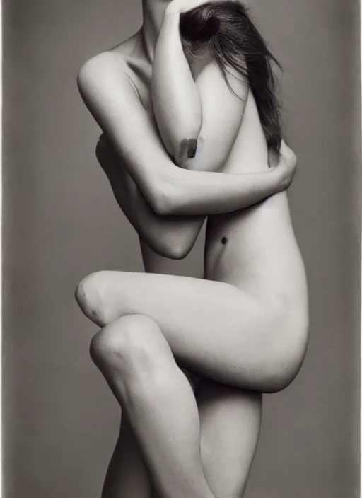 Image similar to half - length portrait of cute model, fine art portrait photography by richard avedon