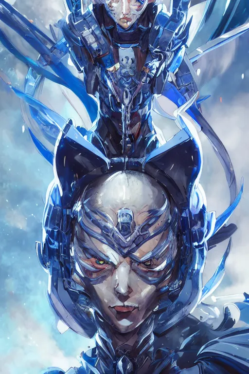 Image similar to concept art, anime portrait of a ninja cyborg warrior wearing an intricate azure wolf themed armor by Masamune Shirow, Stanley Artgerm Lau, WLOP, Rossdraws, James Jean, Andrei Riabovitchev, Marc Simonetti, and Sakimichan, trending on artstation