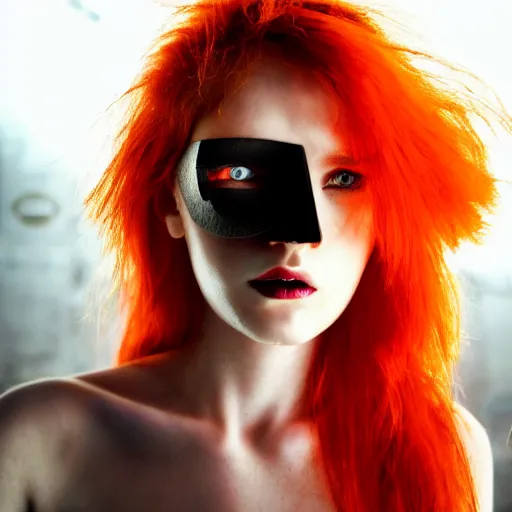 Image similar to futuristic woman, portrait, Cyberpunk, glowing skin, beautiful girl, red hair, ginger hair, dark fantasy, extremely detailed, sharp focus, model