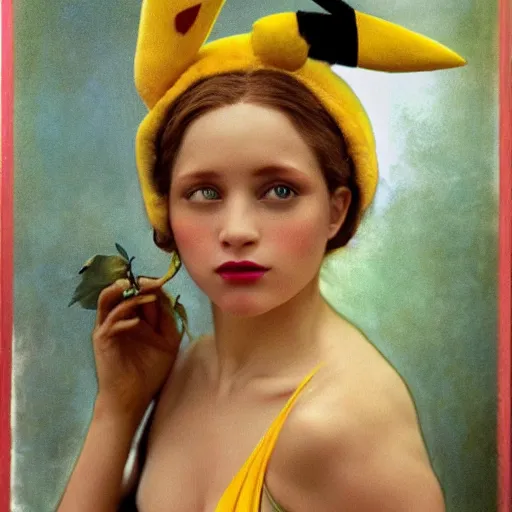 Image similar to elegant woman dressed up as pikachu, art photo by Annie Liebovitz and Alphonse Mucha