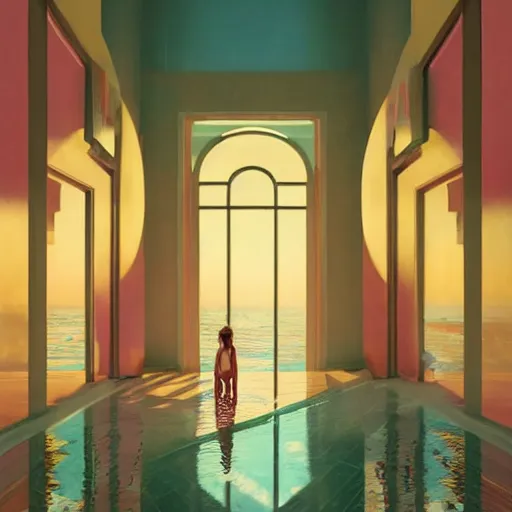 Image similar to miami vice, indoor liminal space, golden light, greg rutkowski, palm trees, pink door, minimalistic, hyperrealistic surrealism, award winning masterpiece with incredible details, epic stunning, infinity pool mirrors, a surreal vaporwave liminal space with mirrors, highly detailed, trending on artstation, artgerm and greg rutkowski and alphonse mucha, daily deviation