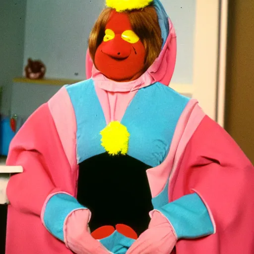 Prompt: Still from a children's television show about a woman dressed as a nostril, color 1980