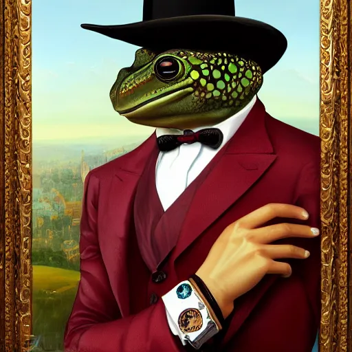 Image similar to anthropomorphic gentleman frog wearing a cravat and hand watches portrait in the museum, highly detailed, sharp focus, digital painting, artwork by Victor Adame Minguez + Yuumei + Tom Lovell + Sandro Botticelli