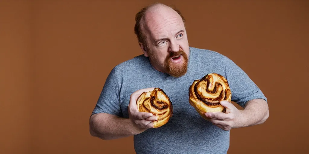 Image similar to louis c k eating a cinnamon roll, xf iq 4, f / 1. 4, iso 2 0 0, 1 / 1 6 0 s, 8 k, raw, unedited, symmetrical balance, in - frame, sharpened