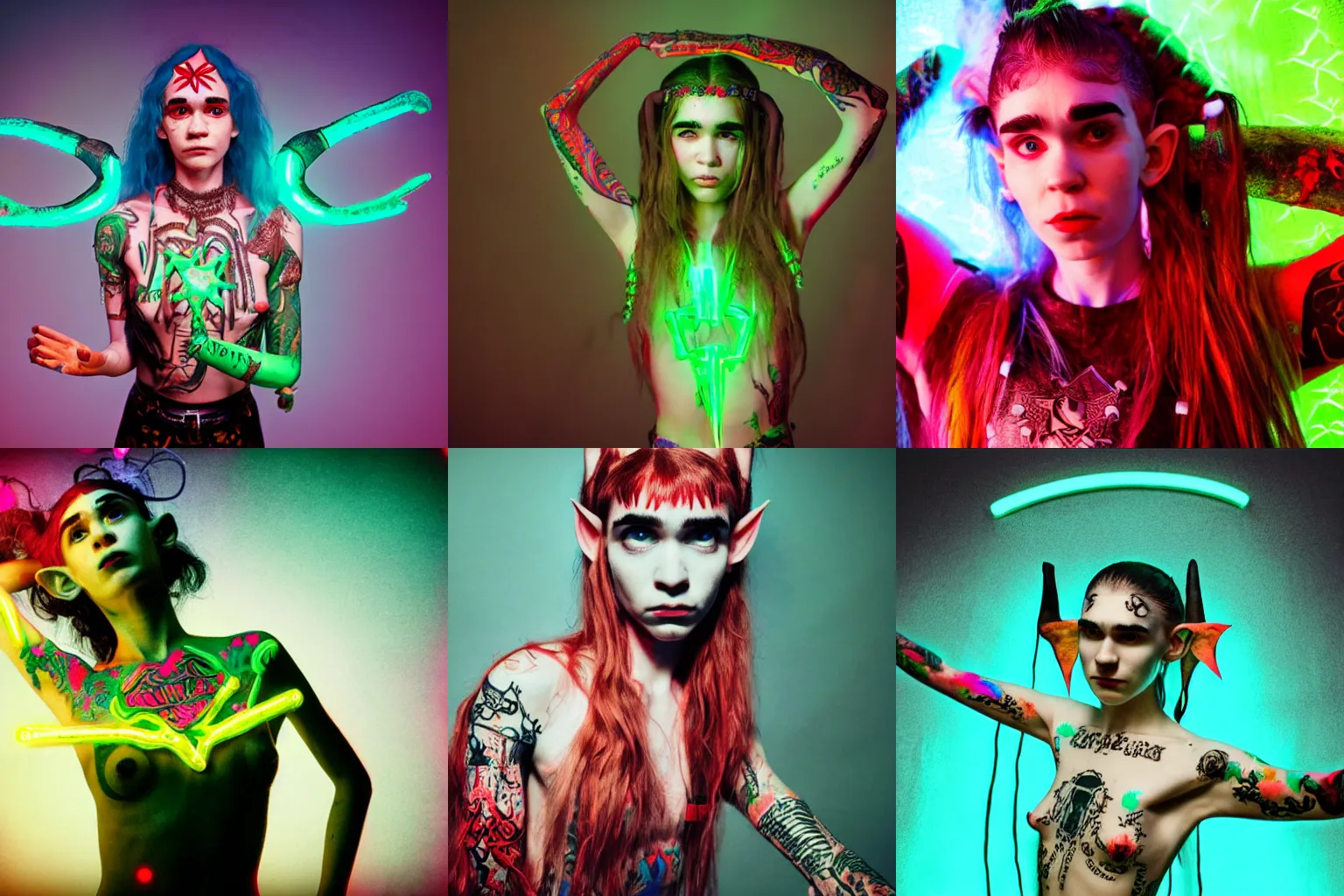 Prompt: a cinematic medium shot portrait render of Grimes as an elf covered with symbolic neon tattoos, lifting her arms, plain background