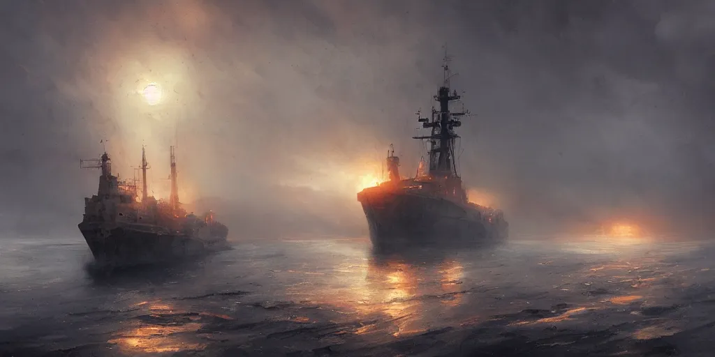 Prompt: abandoned warship in arctic, orange glow, puddles of water, by greg rutkowski and asher brown durand, atmospheric, wide shot, high definition, high detail, foreboding, artstation, foggy