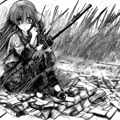 Prompt: manga style, g pen line art, portrait of a girl under artillery fire, trench sandbags in background, soldier clothing, long hair, hair down, symmetrical facial features, 4 koma, empty text balloons, trending pixiv, black patterns, by professional mangaka