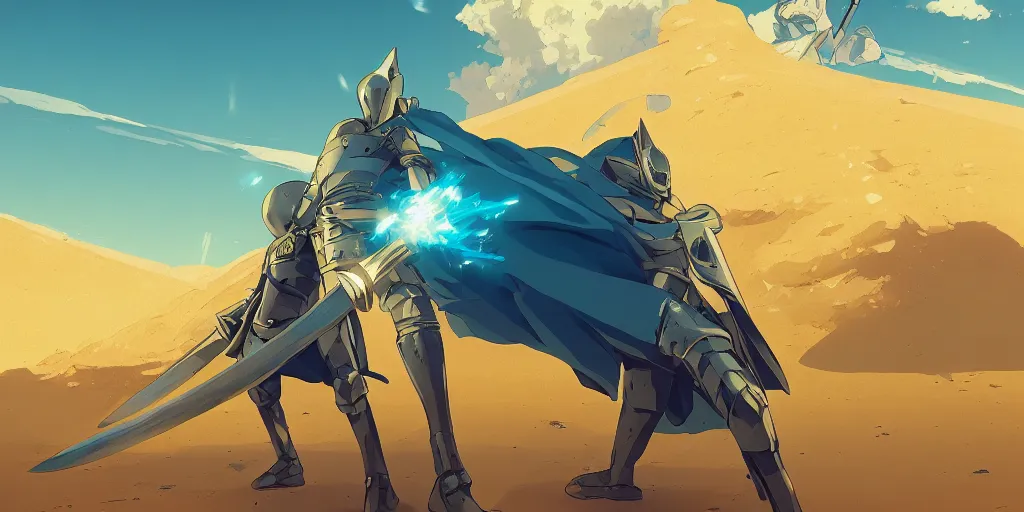 Prompt: blue knight holding a gold sword, green hatchback car screen left, low wide angle, anime, desert landscape, greg rutkowski, Murata, one punch man manga, cinematic, digital art, hyper realistic