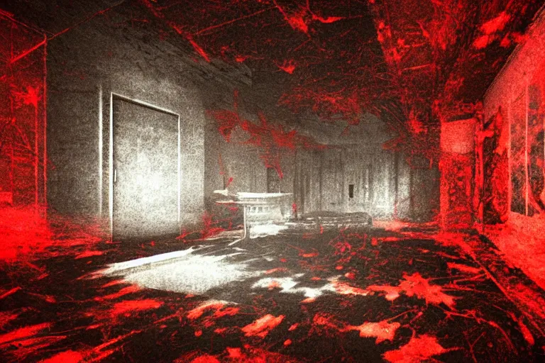 Image similar to cctv of an extremely dark empty room with evil horror cryptid monster made out of static, dark deep black shadows, crimson red and black color contrast in the style of trevor henderson and james ensor goya, liminal space, 3 d render, glitch effect