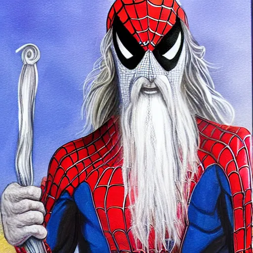 Image similar to gandalf as spiderman, painting