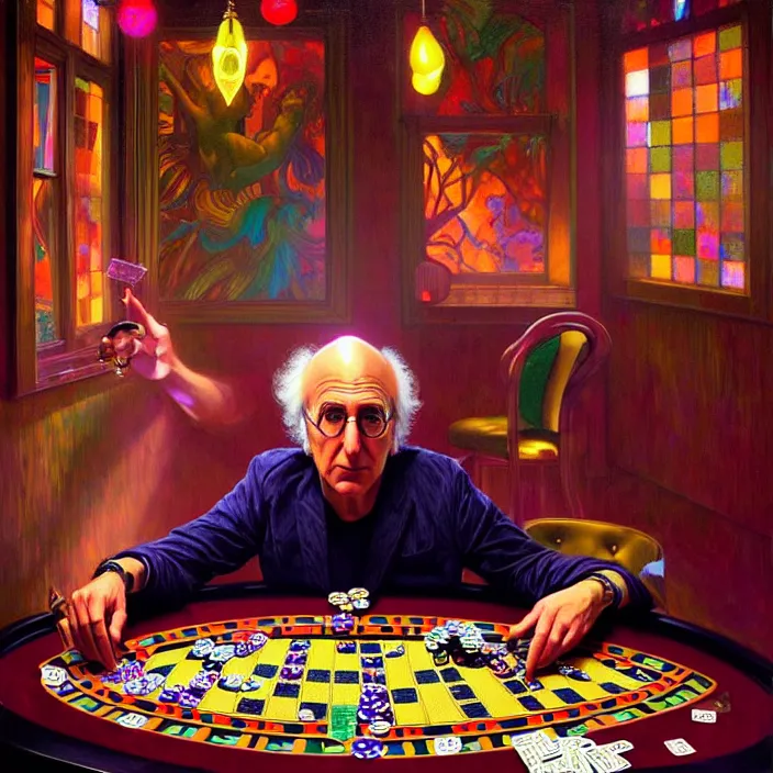 Prompt: bright psychedelic portrait of larry david playing poker, diffuse lighting, fantasy, intricate, elegant, highly detailed, lifelike, photorealistic, digital painting, artstation, illustration, concept art, smooth, sharp focus, art by John Collier and Albert Aublet and Krenz Cushart and Artem Demura and Alphonse Mucha