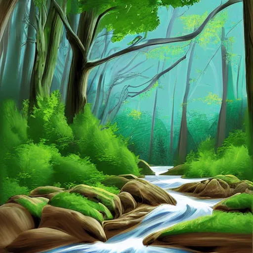 Prompt: digital art painting of a river running through a forest, very mediocre, not detailed at all.