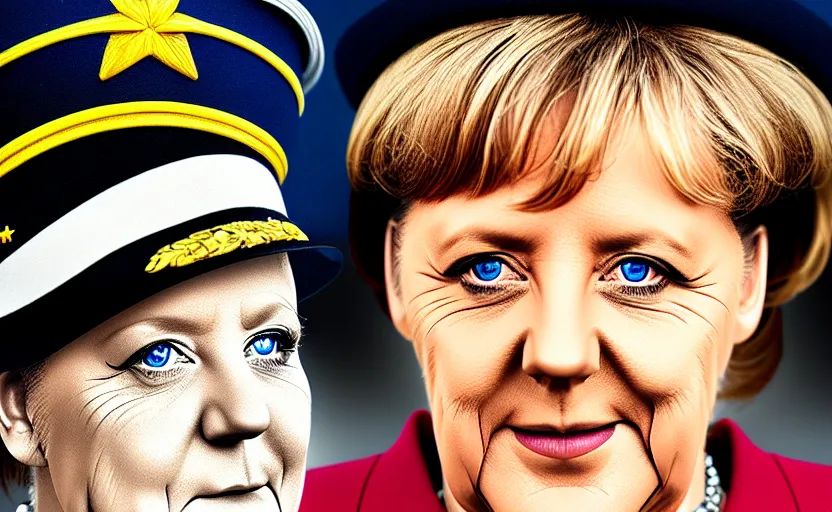 Prompt: portrait of angela merkel dressed as a military officer, digital art, natural light, sharp, detailed face, magazine