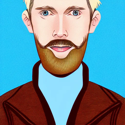 Image similar to A gangly british man, with short blond hair and short blond beard wearing a corduroy jacket and turtleneck , blue eyes, pale skin, English heritage, digital art, cartoon, mid-shot, 8k