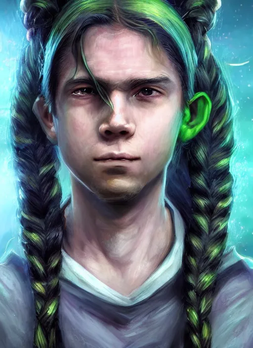 Prompt: An epic fantasy comic book style portrait painting of a mysterious ethereal young feminine green-eyed boy, expressive, angry expression, fair skin, long brown hair worn in two pigtails, his left pigtail is shorter than his right pigtail, he wears a yellow hoodie with a grey undershirt, unreal 5, DAZ, hyperrealistic, octane render, cosplay, RPG portrait, dynamic lighting