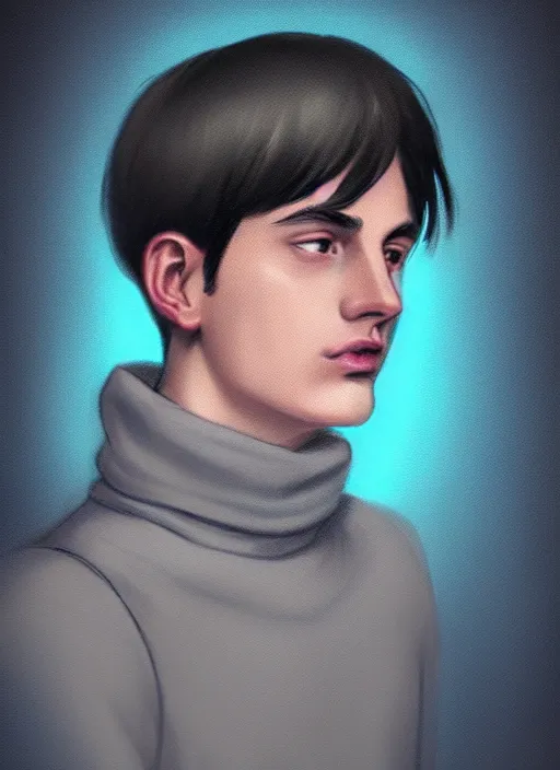 Image similar to portrait of teenage jughead jones wearing a light grey crown, crown, blue turtleneck, 1 9 5 0 s, closed eyes, photorealistic, black hair, glowing lighting, intricate, elegant, glowing lights, highly detailed, digital painting, artstation, concept art, smooth, sharp focus, illustration, art by wlop, mars ravelo and greg rutkowski