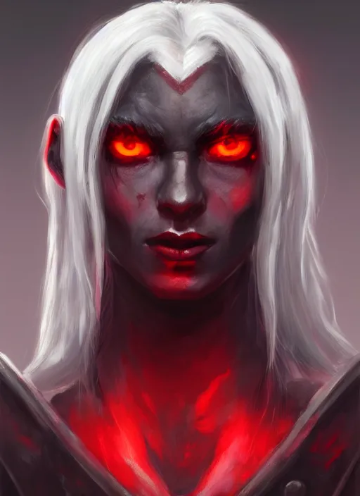 Prompt: portrait painting of a gray dark elf with red glowing eyes, artstation, nvidia, vray