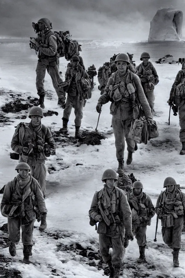 Image similar to a portrait of ww 2 american soldiers entering agartha from antarctica, realistic, highly detailed, fantasy, early 2 1 st century film quality, b & w, 4 k