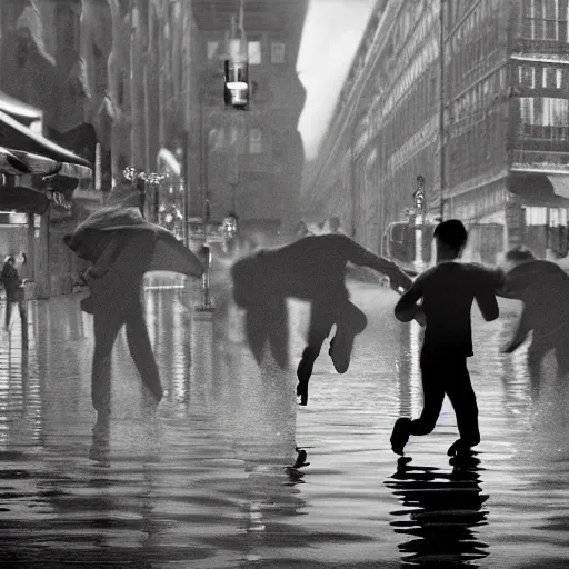 Prompt: a highly detailed epic cinematic black and white painting artwork inspired by Henri Cartier-Bresson's Behind the Gare Saint-Lazare, man jumping over a puddle of water. World Press Photo winner, enhanced and corrected in Photoshop, octane render, excellent composition, cinematic atmosphere, dynamic dramatic cinematic lighting, aesthetic, very inspirational, arthouse