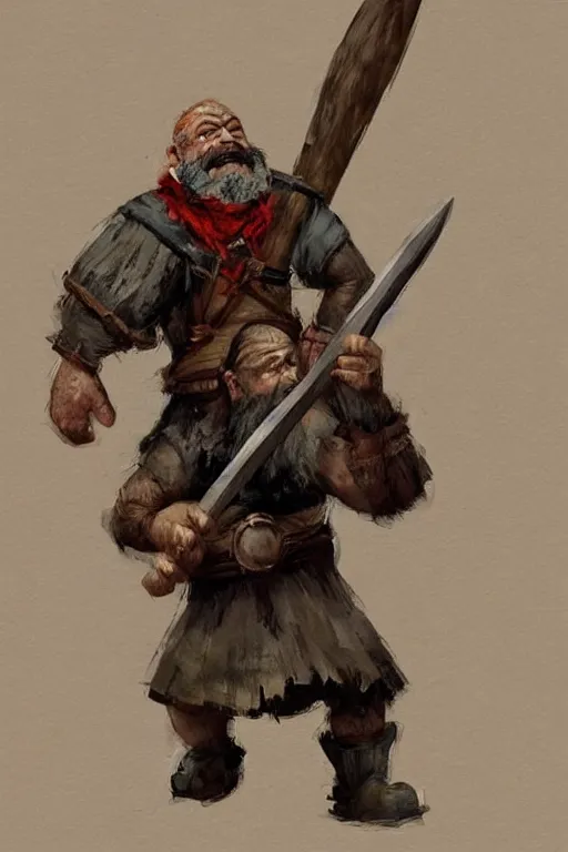 Image similar to a dwarf in hide clothes holding an axe, leaning against an ax, hatchet!!! concept art in style of Greg Rutkowski, painted by Frank Frazetta, John Singer Sargant