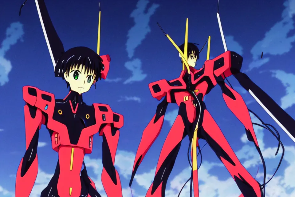 Prompt: anime illustration of black detailed evangelion eva - 0 1 standing menacingly behind ikari shinji, cinematic lighting, evangelion anime poster, rebuild of evangelion 1 0 8 0 p, 9 0 s anime aesthetic, volumetric lights, rule of thirds, unreal engine render, pinterest wallpaper, trending on artstation