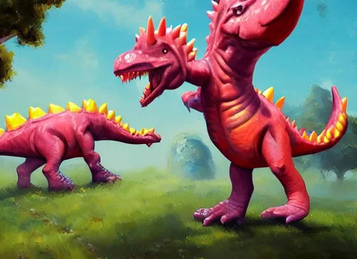 Image similar to concept design of cute candy dinosaurs for a aaa game, oil painting by eren arik and jama jurabaev, extremely detailed, brush hard, artstation, high quality, brush stroke