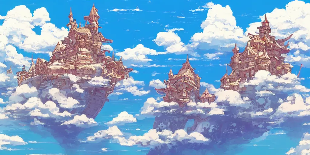Image similar to floating marble island in the sky with a medieval castle on it, red dragons, laputa, studio ghibli, anime style, azure blue sky