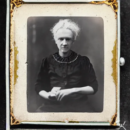 Prompt: Wet plate photography of Marie Curie wearing eerily glowing uranium jewelry