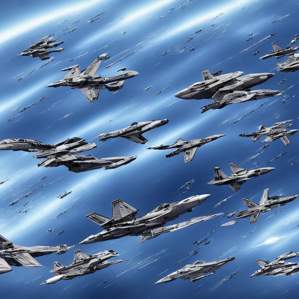 Image similar to fleet of fighter spacecrafts, hyper realistic, 4 k