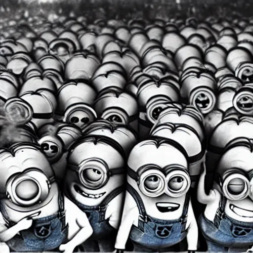 Image similar to minions characters at the hindenburg disaster.